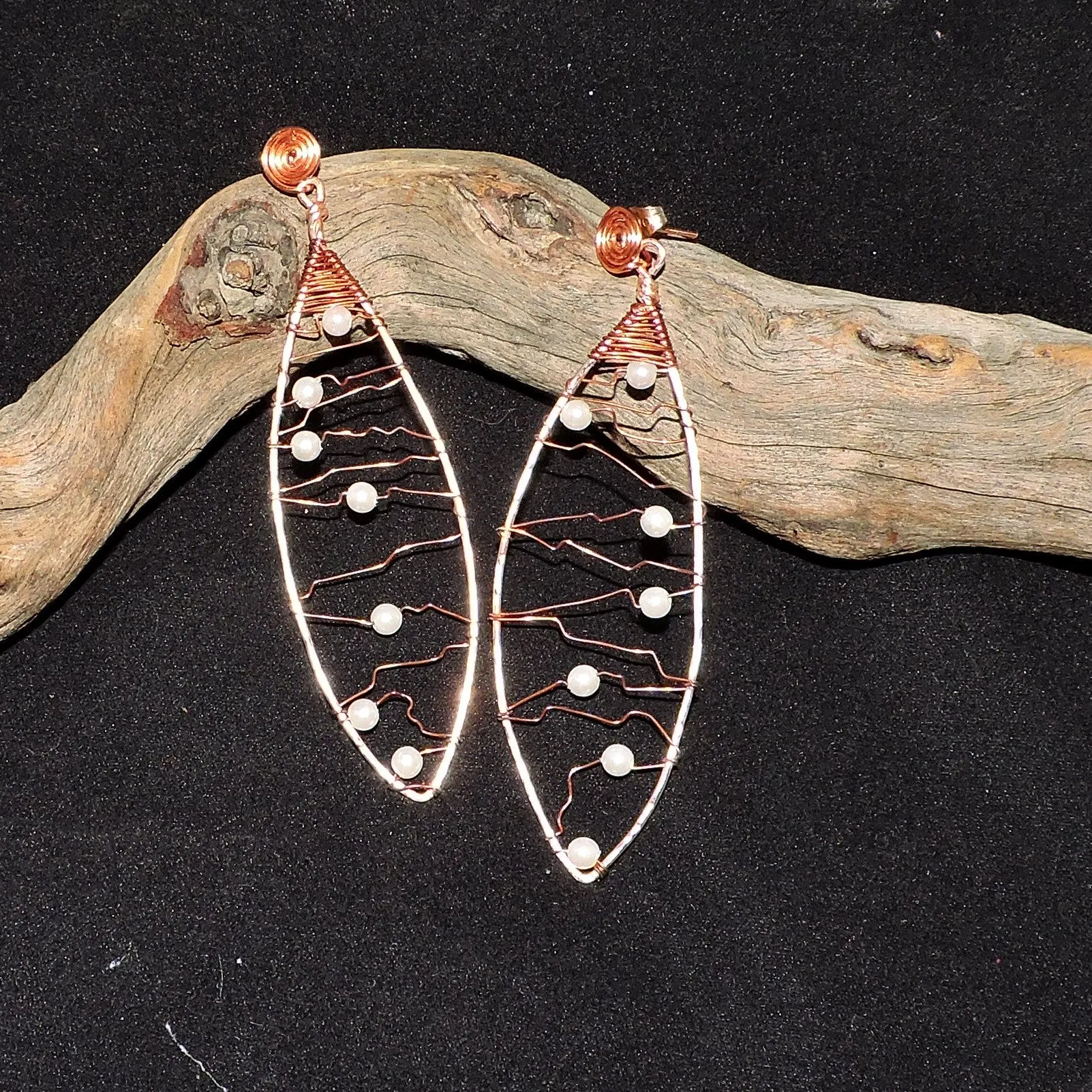 Wire Wrapped Open Weave Copper Dangle Earrings with Pearls