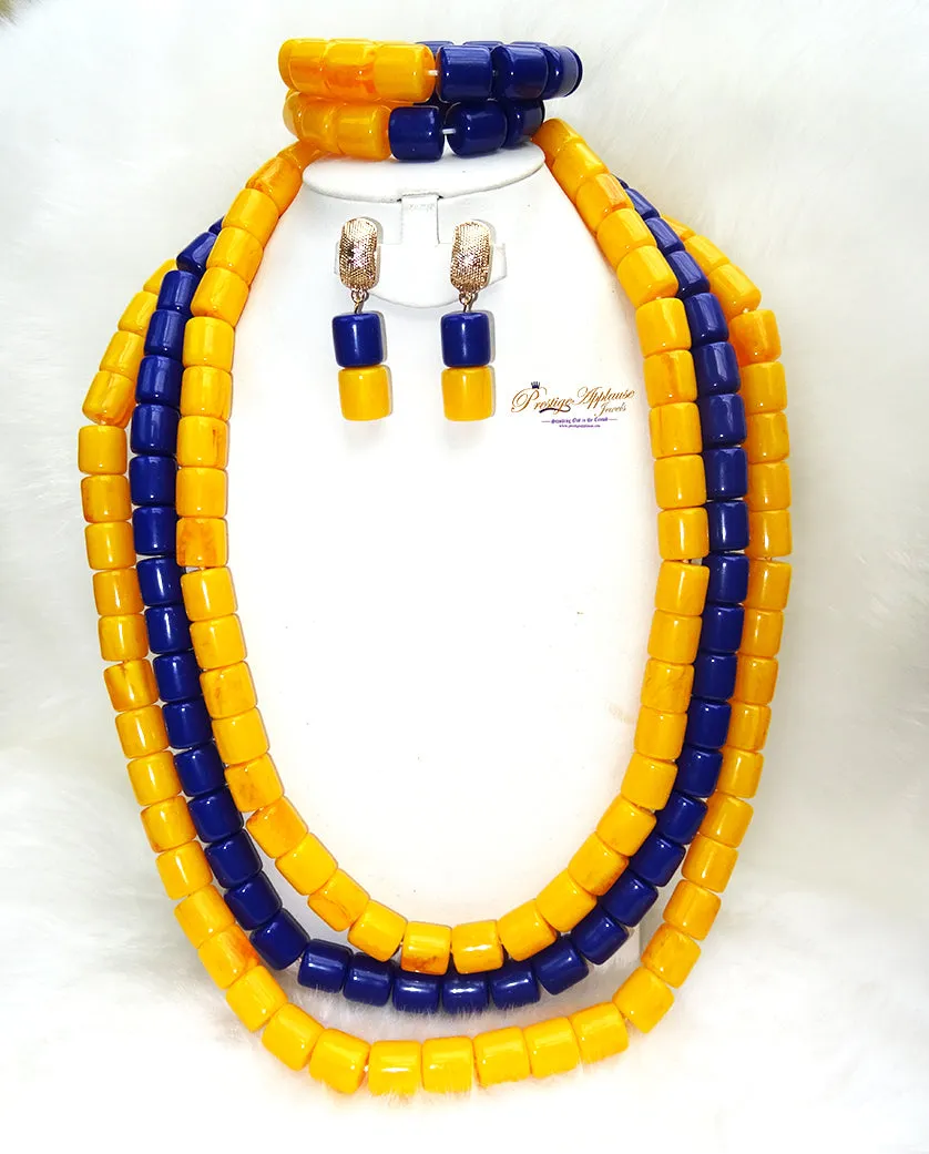 Yellow & Purple Nigerian Ethnic Arcylic Coral wedding White Necklace Jewellery Set